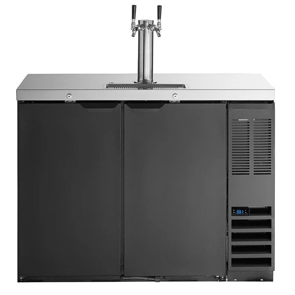 FrostEdge Systems DD48HC-1-B-ALT-138 Four Tap Kegerator Beer Dispenser with Left Side Compressor - Black, 2 (1/2) Keg Capacity