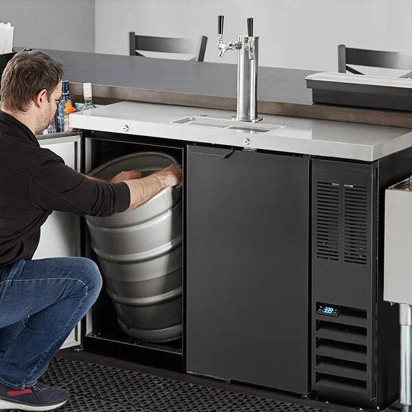 FrostEdge Systems DD48HC-1-B-ALT-138 Four Tap Kegerator Beer Dispenser with Left Side Compressor - Black, 2 (1/2) Keg Capacity