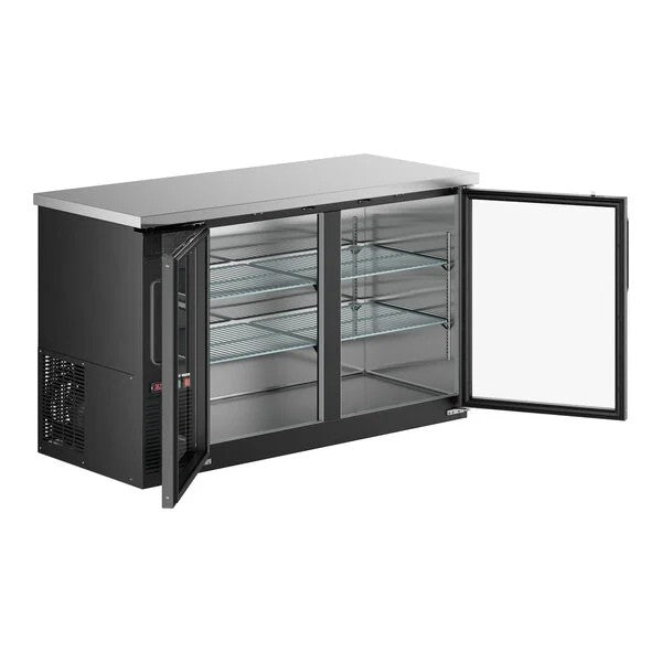 FrostEdge Systems UBB-60G-HC 60" Black Counter Height Narrow Glass Door Back Bar Refrigerator with LED Lighting